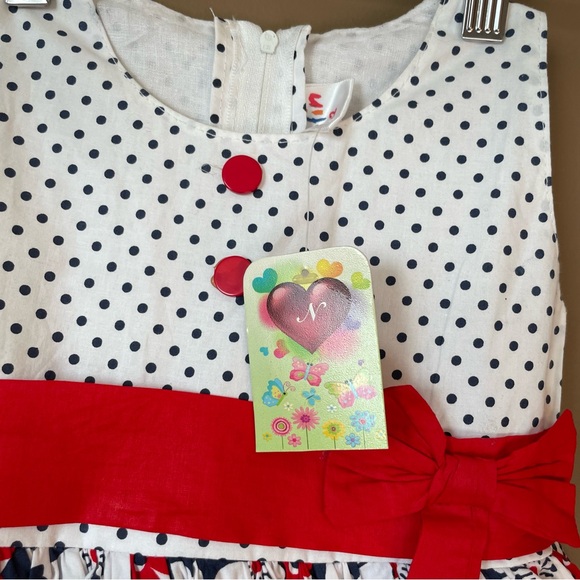 NWT Beautiful 2/3 Year Old Girls Floral Polka Dots Dress in Red, Blue and White - Picture 3 of 16